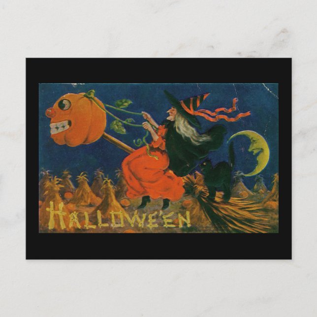 Postal Halloween Witch Pumpkin Broomstick Vintage (Anverso)