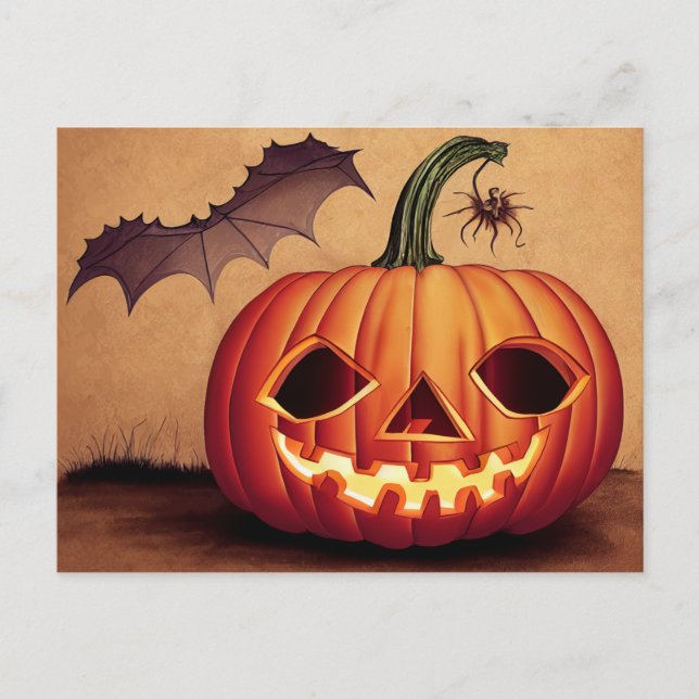 Postal Halloweenkürbis mit Fledermaus und Spinne. (Anverso)