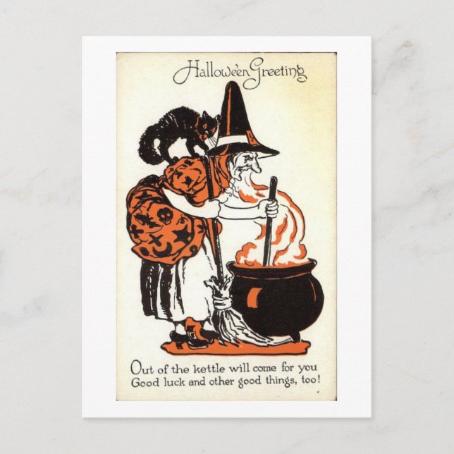 Postal Hallowen saluda a Witch and Kettle Vintage (Anverso)