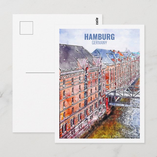 Postal Hamburgo Alemania Famoso Sketch acuático de viaje (Anverso / Reverso)