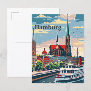 Postal Hamburgo Alemania Ilustracion de Viaje Retro Vinta