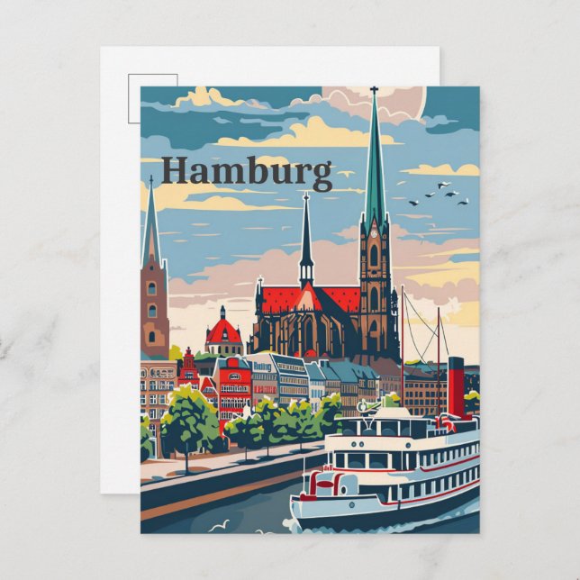 Postal Hamburgo Alemania Ilustracion de Viaje Retro Vinta (Anverso / Reverso)
