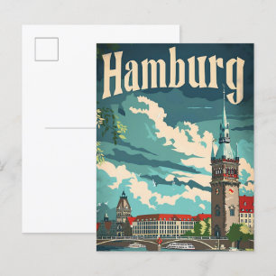 Postal Hamburgo Alemania Ilustracion de Viaje Retro Vinta