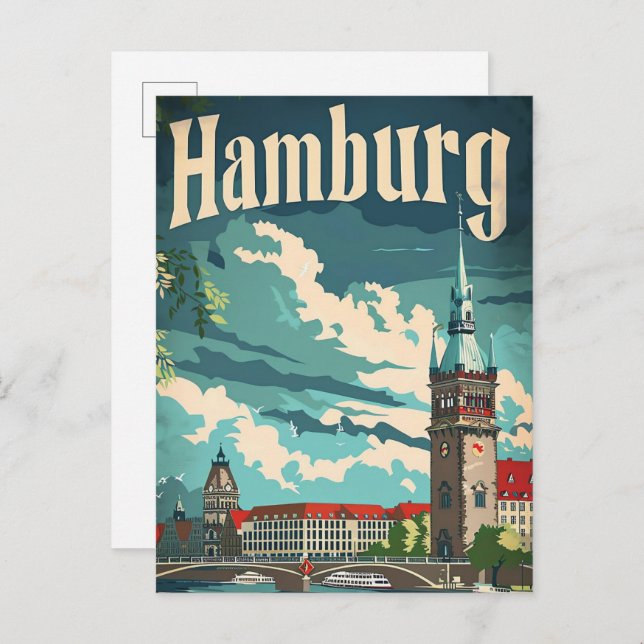 Postal Hamburgo Alemania Ilustracion de Viaje Retro Vinta (Anverso / Reverso)