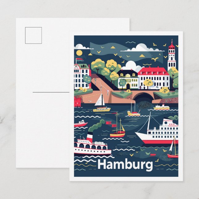 Postal Hamburgo Alemania Ilustracion de Viajes Vintage (Anverso / Reverso)