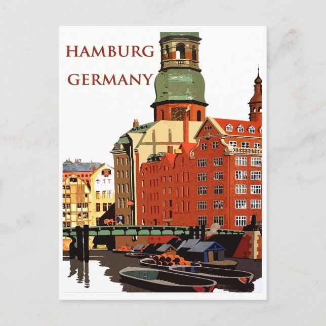 Postal Hamburgo, Alemania, puerto de la ciudad y casas (Anverso)