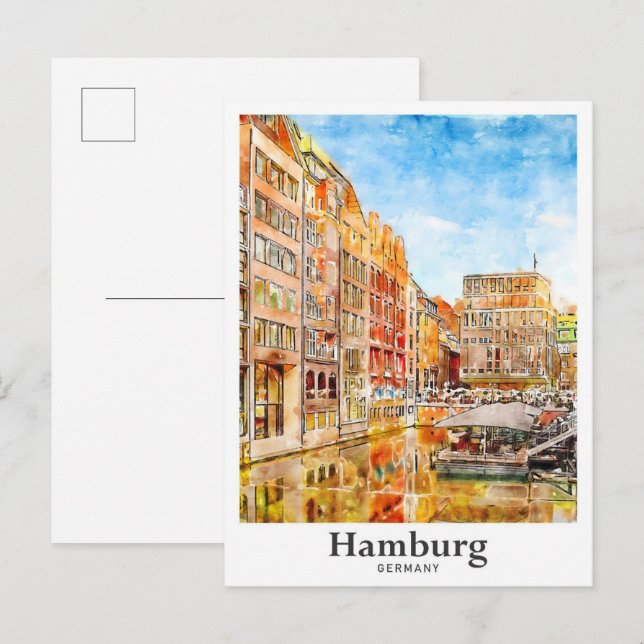 Postal Hamburgo Alemania Trae mano acuarela (Anverso / Reverso)