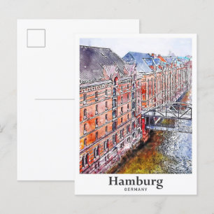 Postal Hamburgo Alemania Trae mano acuarela