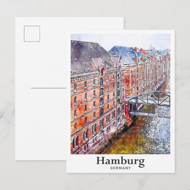 Postal Hamburgo Alemania Trae mano acuarela (Anverso / Reverso)