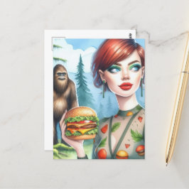 Postal Hamburguesa de queso con Sasquatch en el bosque