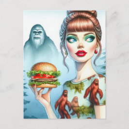 Postal Hamburguesa de queso en el bosque con Sasquatch