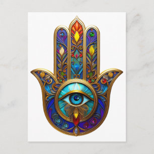 Postal Hamsa Colorido de Oro Turquesa Zafiro Tercer Ojo