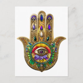 Postal Hamsa de oro pintado amatista rubí tercer ojo