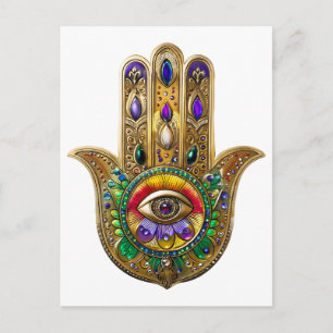 Postal Hamsa de oro pintado amatista rubí tercer ojo