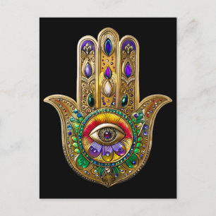 Postal Hamsa de oro pintado amatista rubí tercer ojo