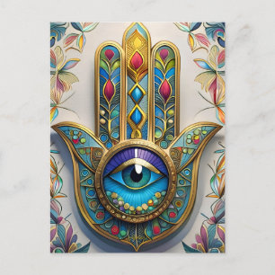 Postal Hamsa de tercer ojo azul-verde con filigrana color