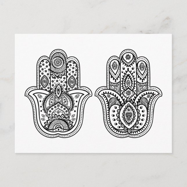 Postal Hamsa dibujada a mano con adornos (Anverso)