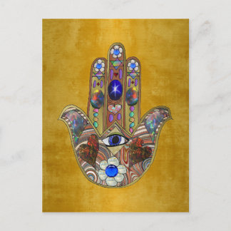 Postal Hamsa Hearts Flores: Arte Opal sobre Oro