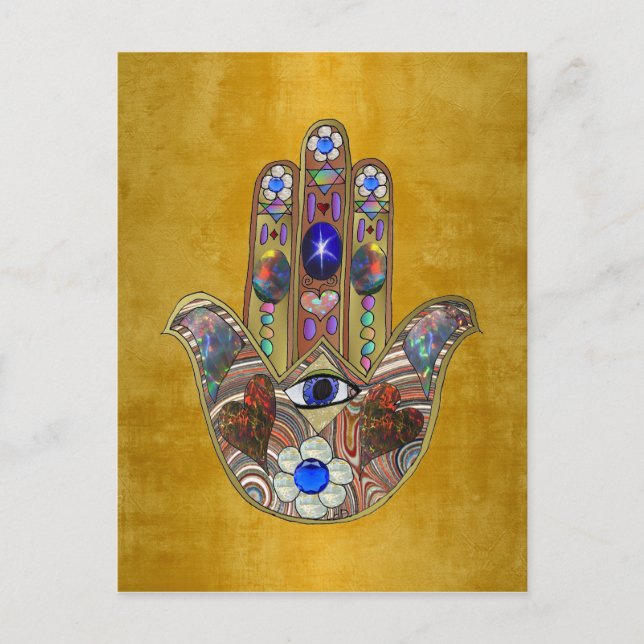 Postal Hamsa Hearts Flores: Arte Opal sobre Oro (Anverso)
