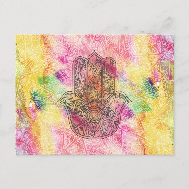 Postal HAMSA Mano del símbolo Fátima amuleto Henna floral (Anverso)
