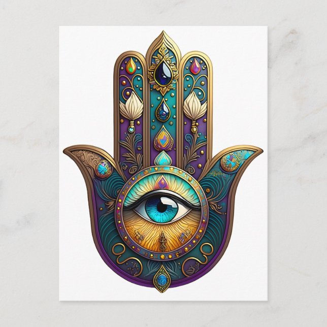 Postal Hamsa Violeta Dorado Teal con Tercer Ojo Turquesa (Anverso)