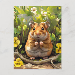 Postal Hamster dorado en un campo de flores