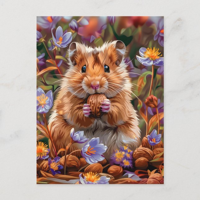 Postal Hamster entre las flores azules (Anverso)