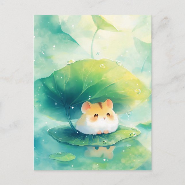 Postal Hamster Under Green Leaf Umbrella on Pond (Anverso)