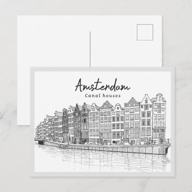 Postal Hand drawn Canal Houses Amsterdam Netherlands (Anverso / Reverso)