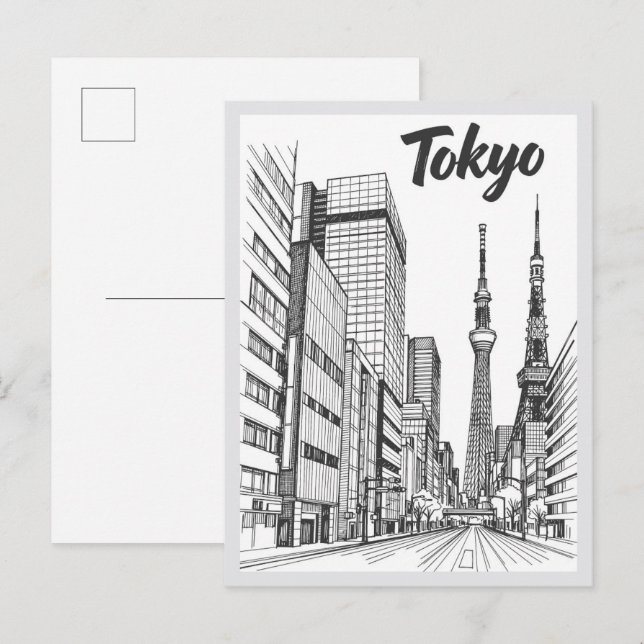 Postal Hand drawn Tokyo Street Scene Landmark (Anverso / Reverso)