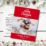 Postal Hand Lettered Merry Christmas Family Photo Black<br><div class="desc">Spread holiday cheer with this modern postcard featuring your horizontal photo, Merry Christmas in a hand-lettered script typography, botanical sprig accents, all set against a Christmas Red background. The backside features space for a typed holiday note or delete and leave space to handwrite one. Also add your return address. Fun...</div>