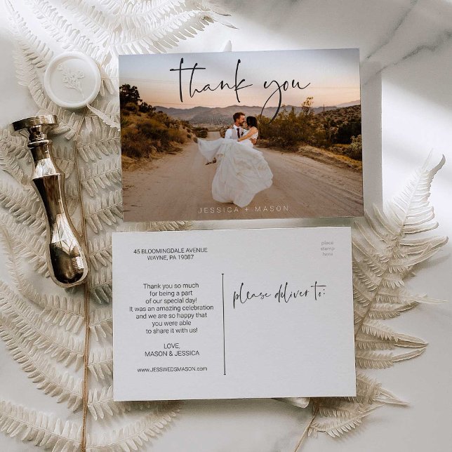 Postal Hand Lettering Photo Wedding Thank You Postcard (Subido por el creador)