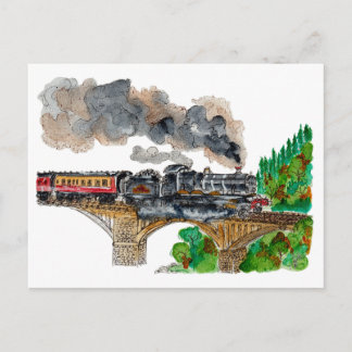 Postal Hand Painted Steam Train Locomotive Watercolor