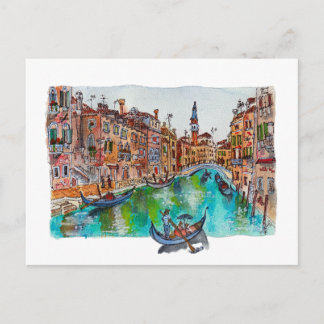 Postal Hand Painted Venice Canals and gondolas Watercolor
