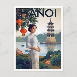Postal Hanoi Vintage Vietnam Ao Dai Lago