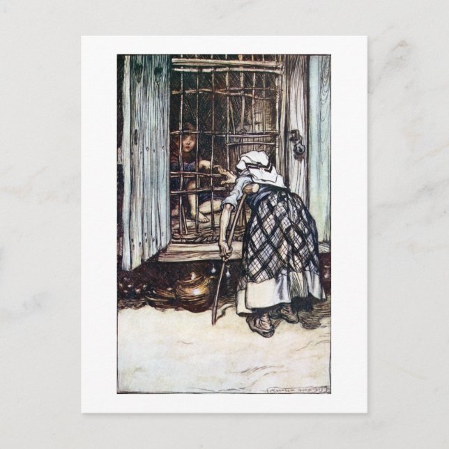 Postal Hansel enjaulado por la bruja (Anverso)