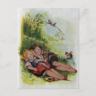 Postal Hansel y Gretel durmiendo en los bosques
