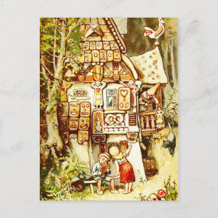 Postal Hansel y Gretel en la cabaña de Gingerbread