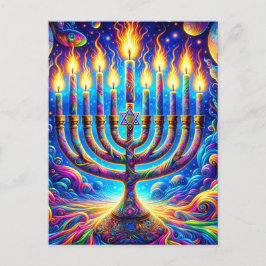 Postal Hanukkah menorah con colores psicodélicos