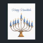 Postal Hanukkah Menorah con velas azules y blancas ardien<br><div class="desc">Menorá acuarela con velas ardientes azules y blancas. Feliz saludo de Hanukkah puede ser cambiado. Gráfico asistido por IA adquirido con uso comercial. Material gráfico: CosmicMeta</div>