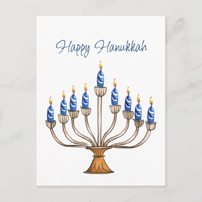 Postal Hanukkah Menorah con velas azules y blancas ardien (Anverso)