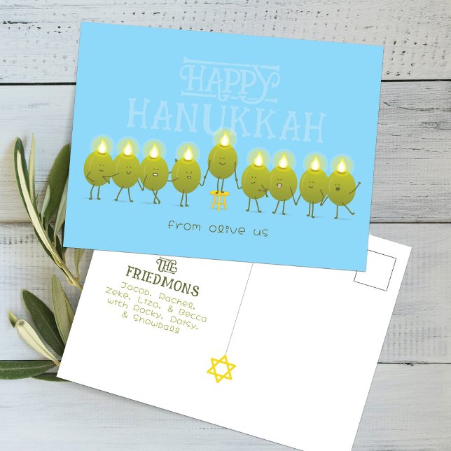 Postal Hanukkah Menorah Olives, Baby Blue Group (Subido por el creador)
