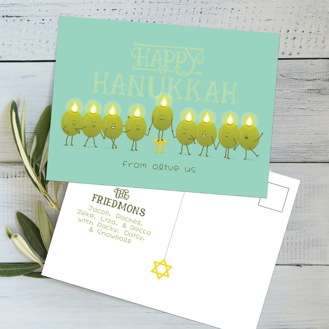 Postal Hanukkah Menorah Olives, Grupo Verde Verde azulado (Subido por el creador)