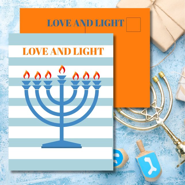 Postal Hanukkah Modern Menorah Blue Greding Card (Subido por el creador)