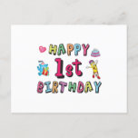 Postal Happy 1st Birthday for 1 year old Kids B-day wish<br><div class="desc">Happy 1st Birthday. Funny and cute Kids Birthday design with lovely teddy bear holding a gift and a funny pencil writing the birthday wishes. A perfect match for Kids and Teens.</div>