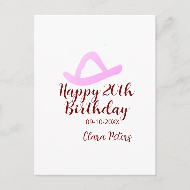 Postal Happy 20th birthday pink cowboy girl name date sim (Anverso)