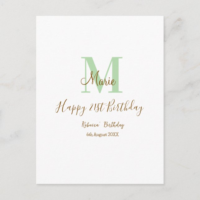 Postal Happy 21st Birthday green add name monogram brown  (Anverso)