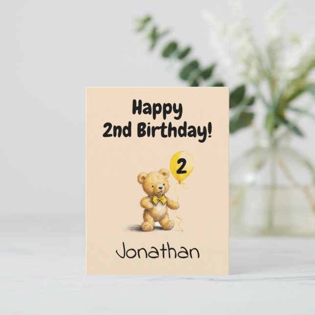 Postal Happy 2nd Birthday, Personalized Teddy Bear Card,  (Anverso de pie)