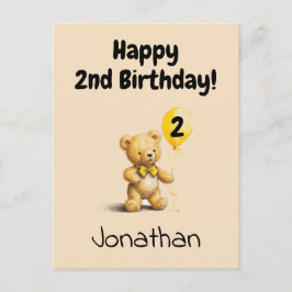 Postal Happy 2nd Birthday, Personalized Teddy Bear Card, 