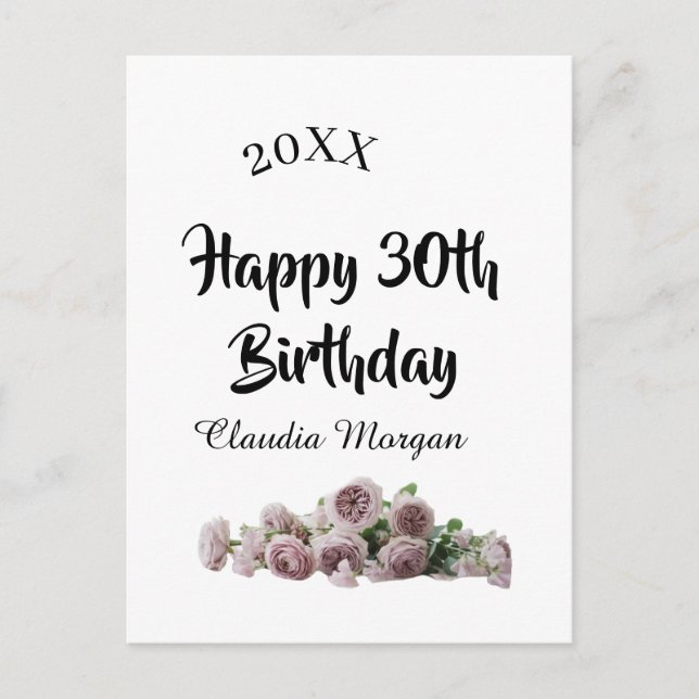 Postal Happy 30th birthday pink white mauve floral name y (Anverso)